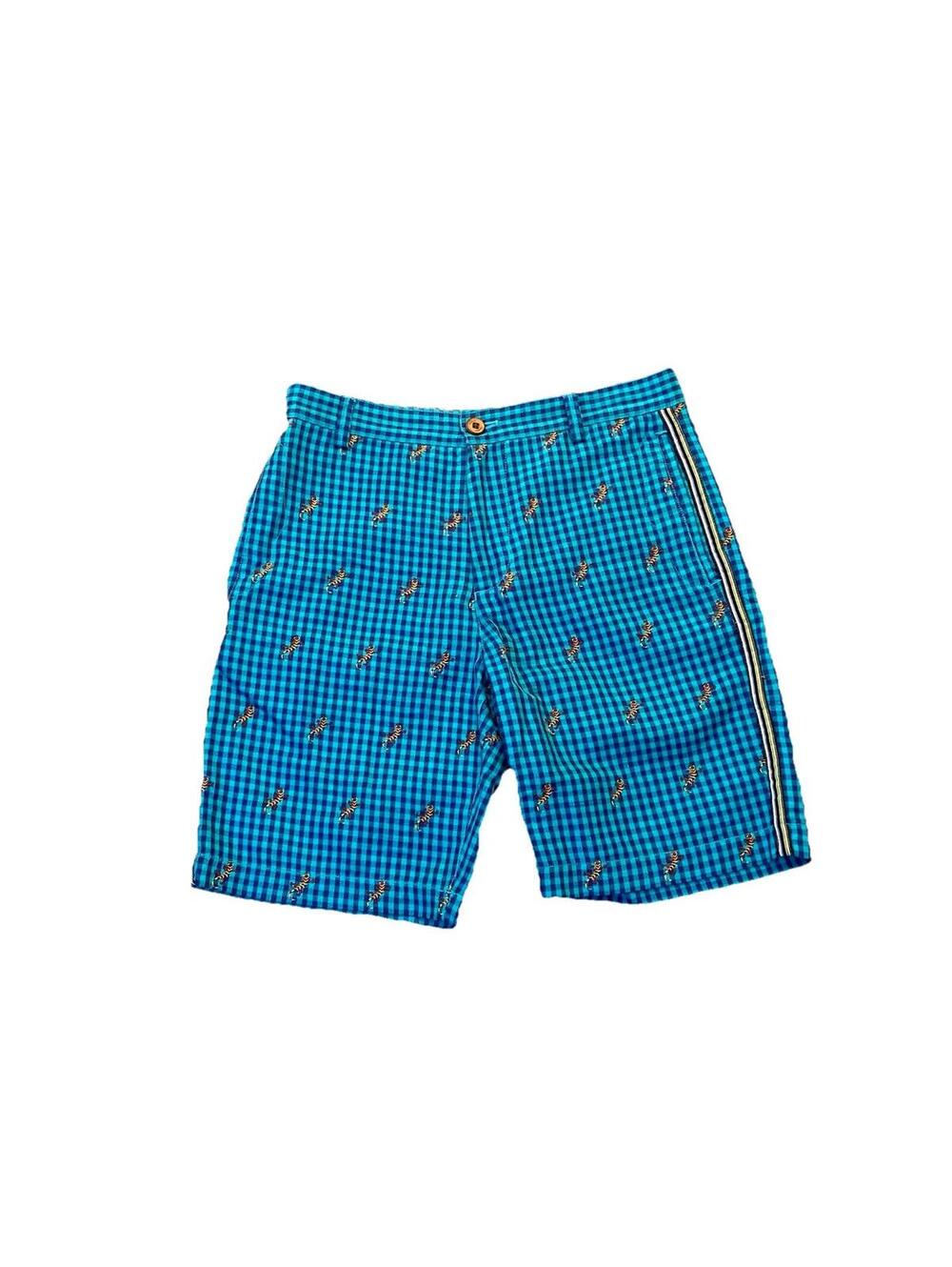 Robert Graham Shorts Mens 30 Teal Lizard Gingham Check Embroidered Side Stripe